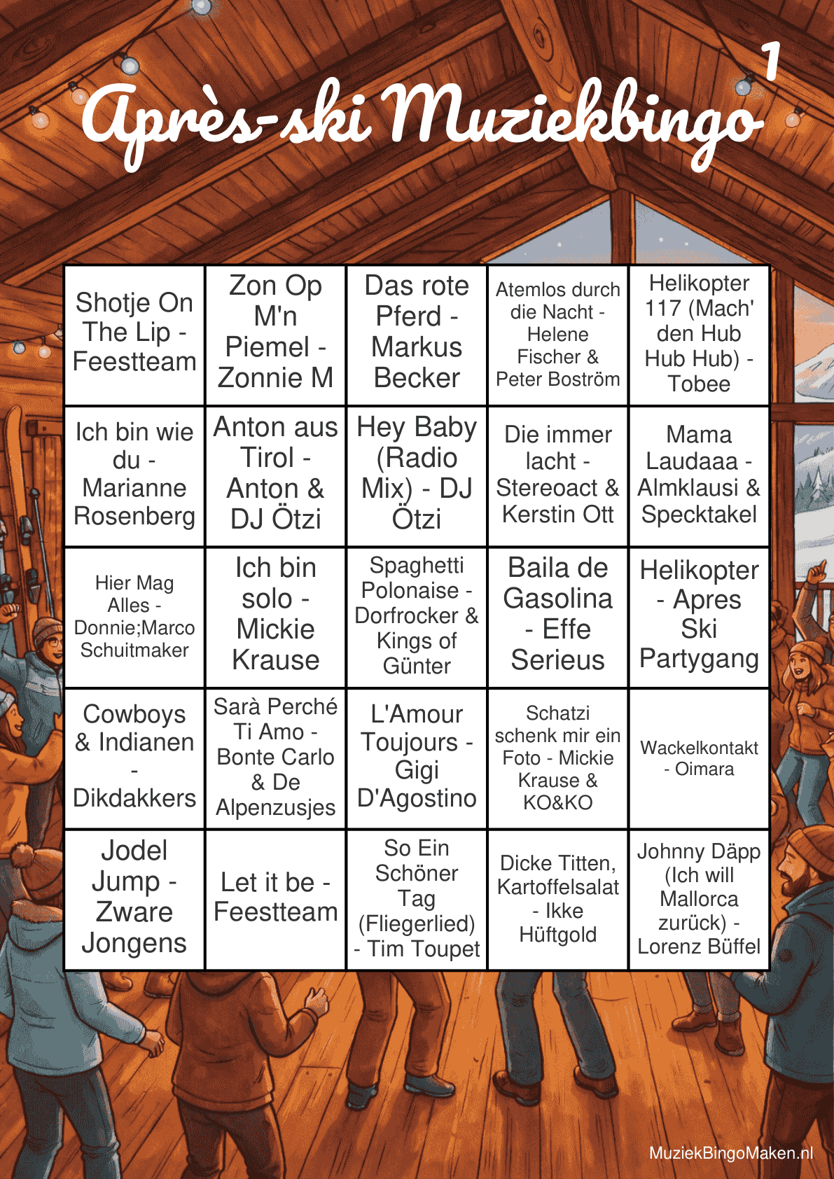 Après-ski muziekbingo kaart voorbeeld