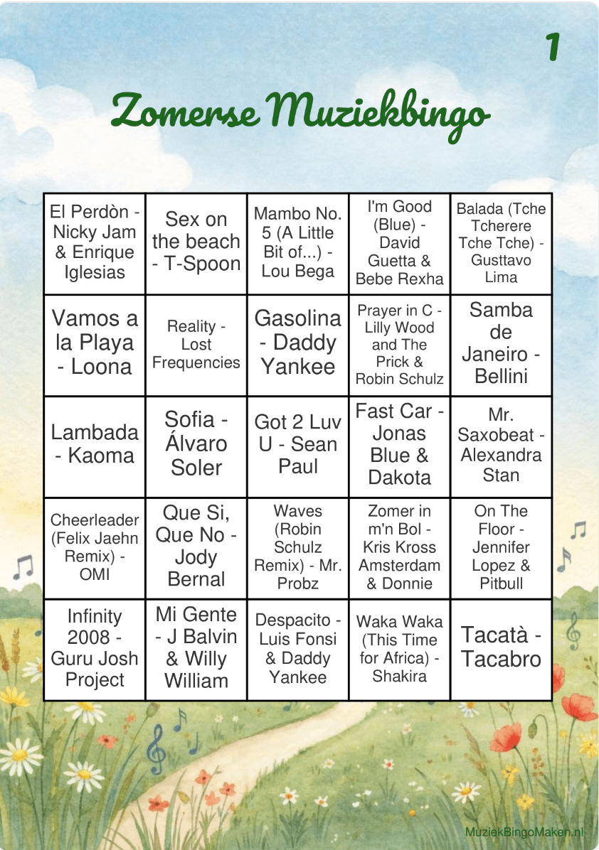 Muziekbingo kaart voorbeeld voor thema Zomerse Muziekbingo
